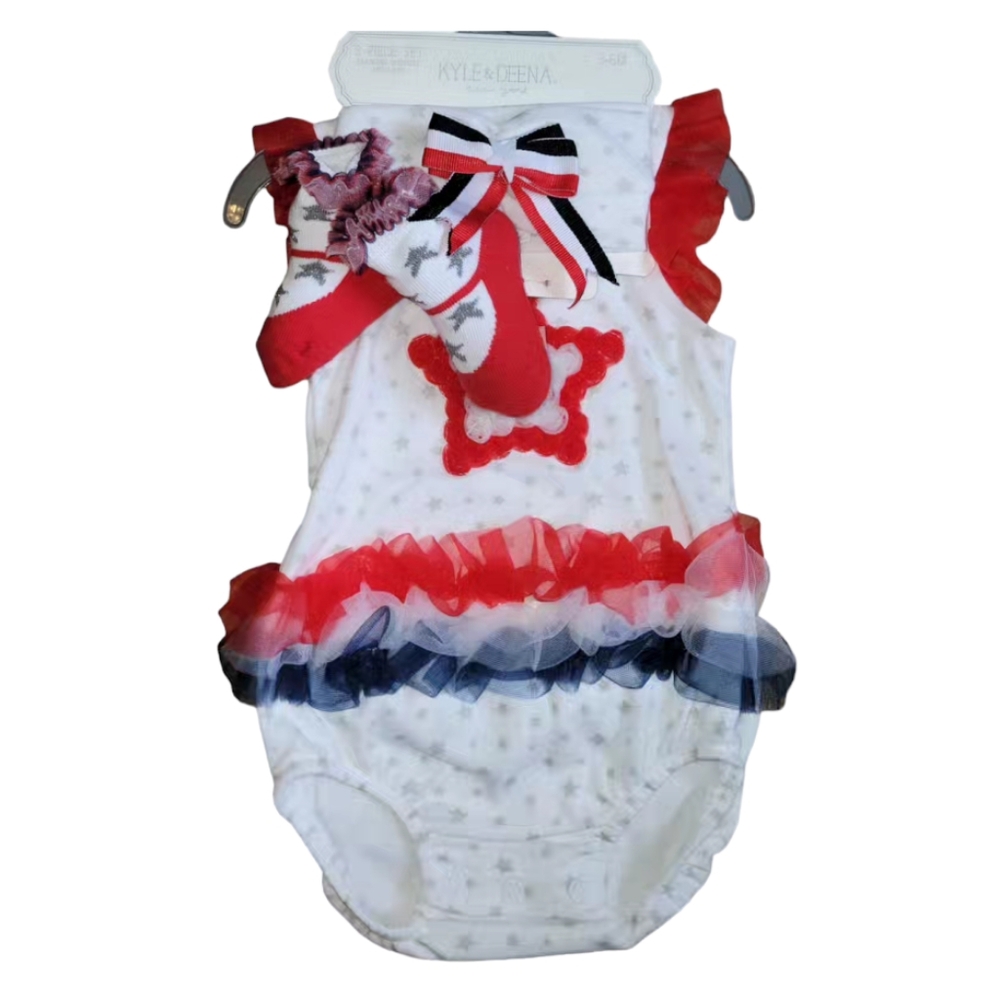 KYLEE & DEENA Sz 3-6m 3PC Red White Blue Ruffle Romper Matching Bow & Socks NWT